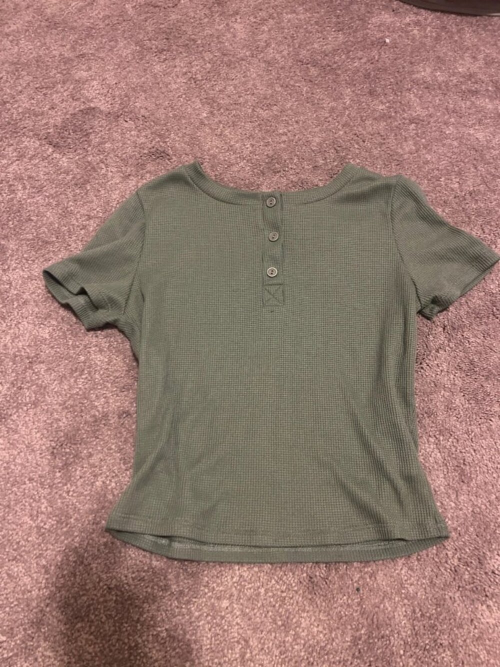 Women's Olive Green Waffle Knit Henley Short Sleeve Top XS